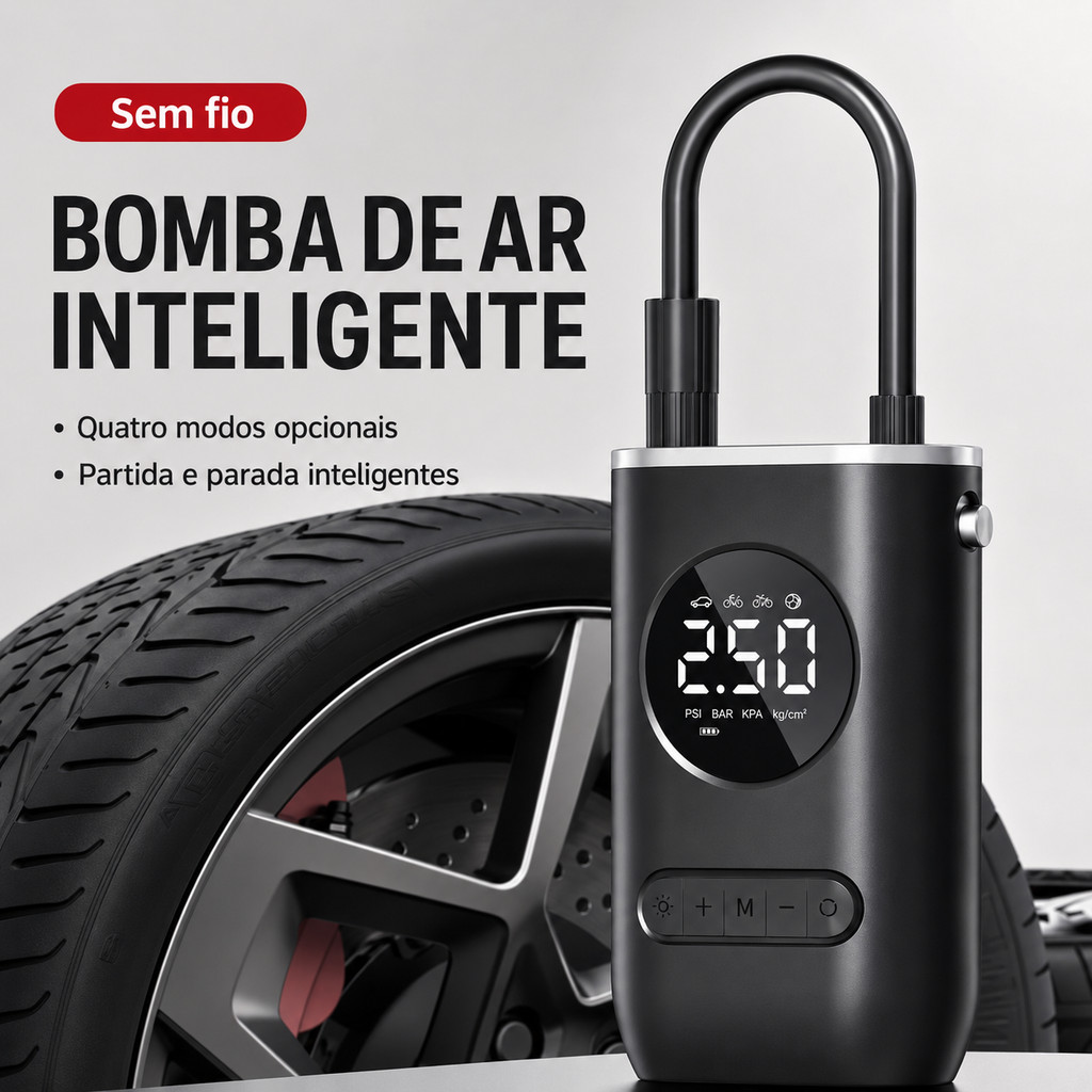 Compressor de Ar Elétrico 150 PSI Mini Portátil Recarregável USB com Kit 4 Ponteiras Multiuso