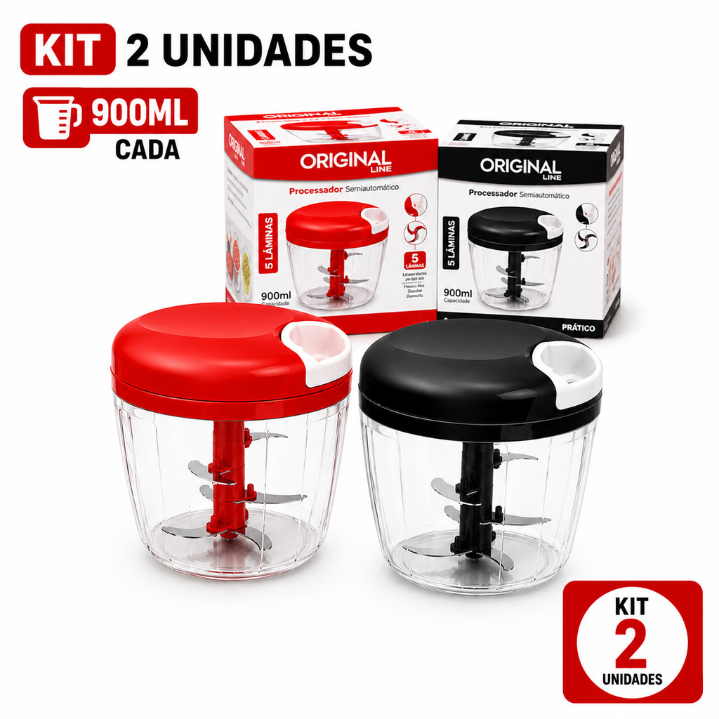 KIT 2 Processador de alimentos manual 5 Lâminas aço Inox 900ml Triturador de alho