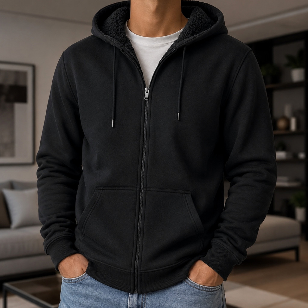 Moletom Masculino Peluciado Inverno Com Zíper Capuz Forrado Quente