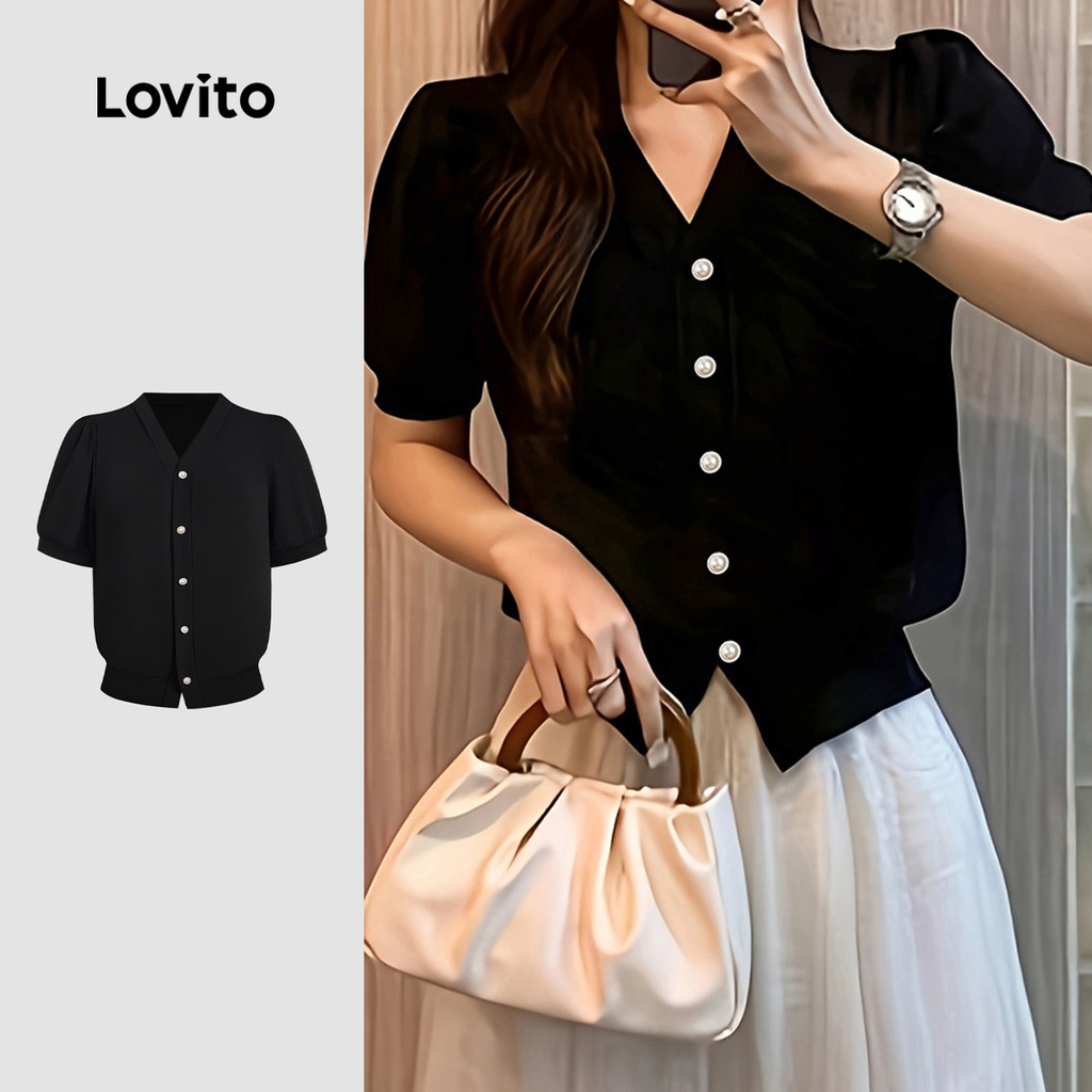 Lovito Camiseta Casual Botão de Lazer Primavera/verão Camiseta Preta para mulher