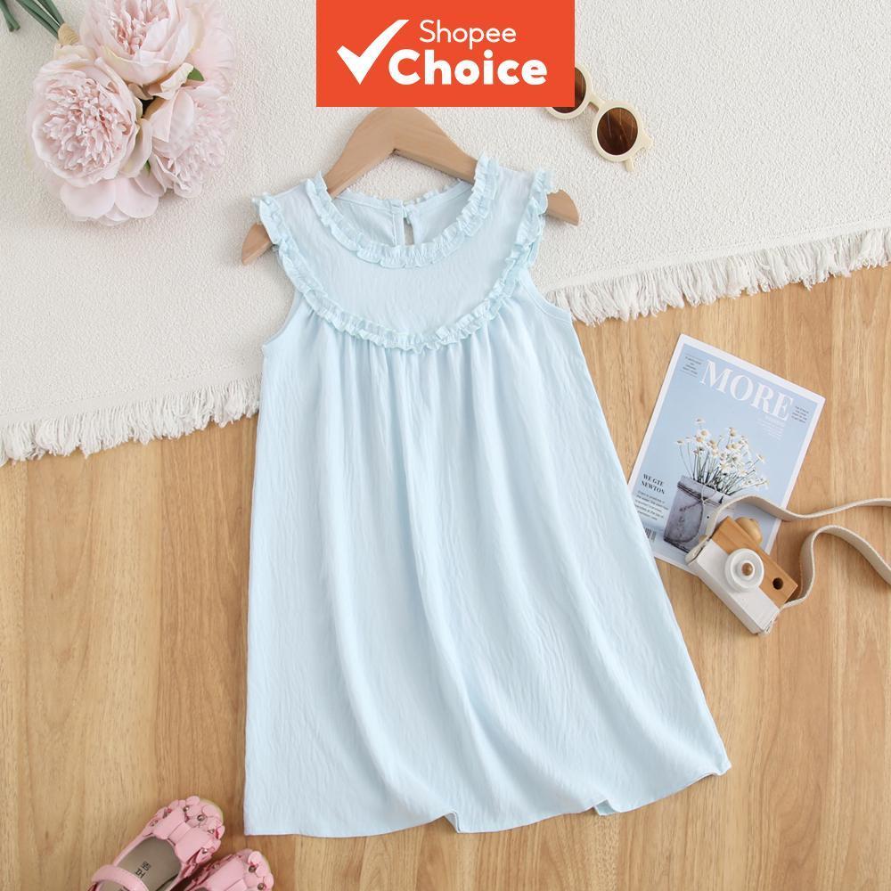 Humoroso Vestido de Verão para Meninas com Renda de Cor Lisa, Gola Plissada, Sem Mangas, Moda Casual, Princesa, Roupas