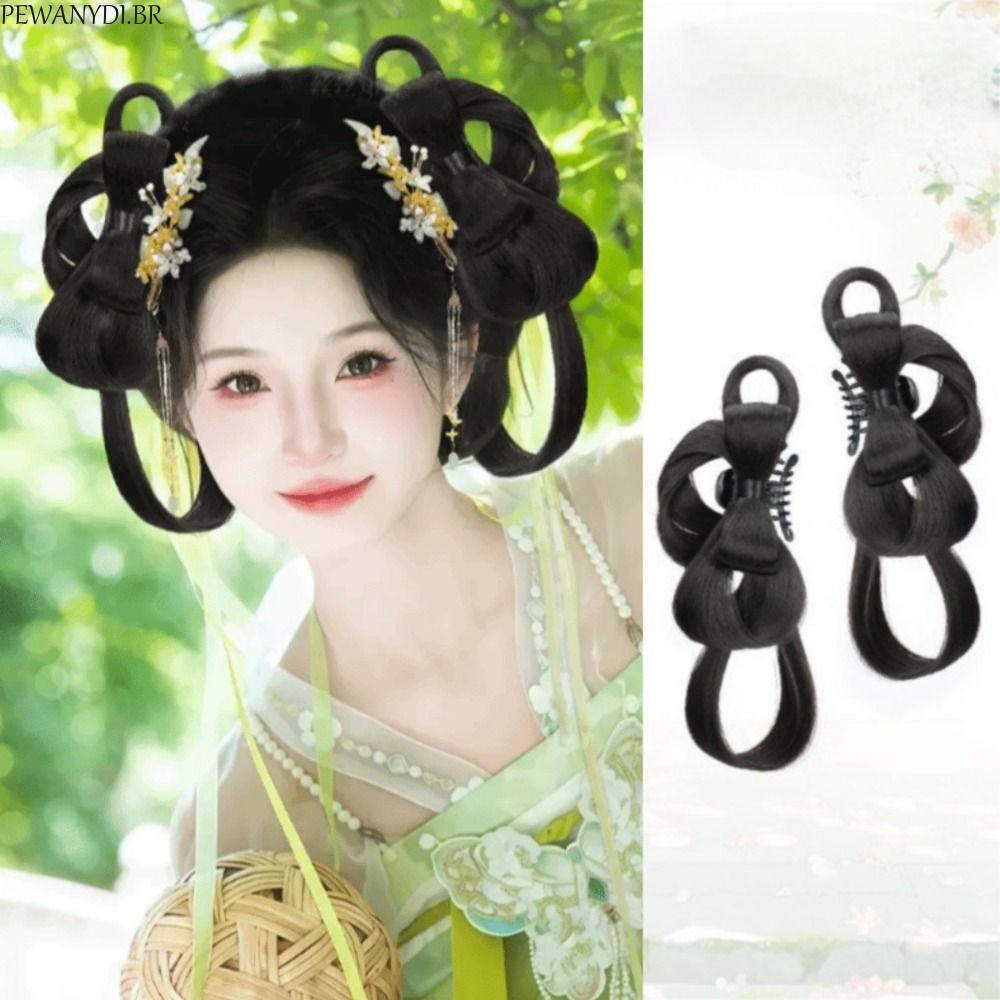 PEWANYDI 2 Peças De Perucas De Fantasia Antiga Hanfu , Coque Duplo Chinês Sintético Preto , Natural