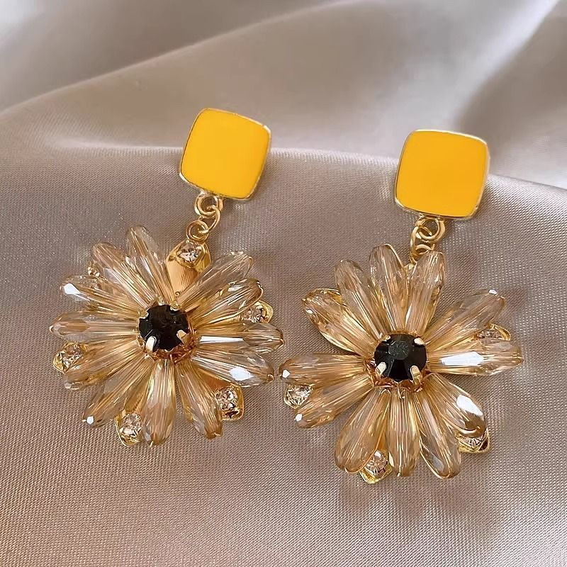 Brincos femininos com cristais esmaltados, formato quadrado amarelo, brincos pendentes em forma de flor margarida de pra