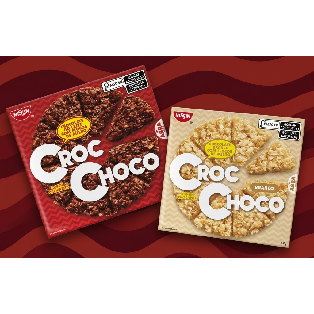 Kit 2 Tortinha Croc Choco Nissin Miojo Crocante Chocolate com Flocos de Milho Snack Pizza Doce 44g