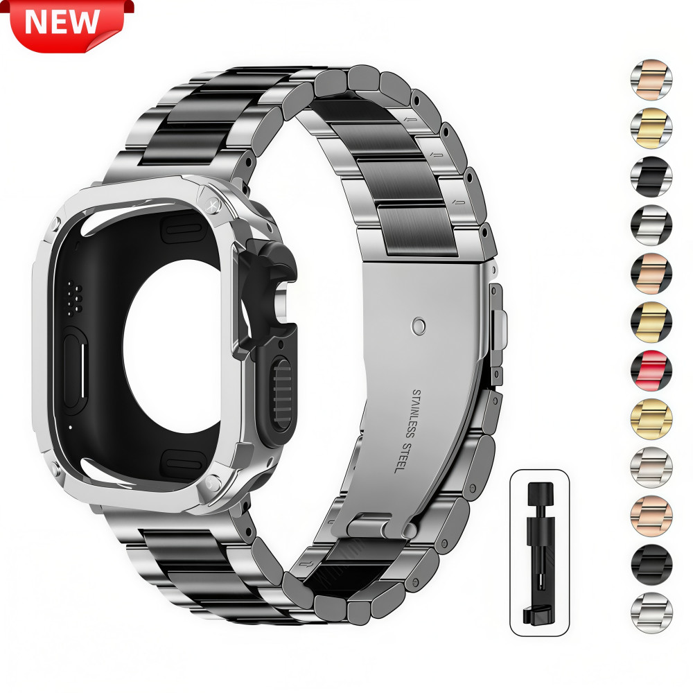 Kit Aço Inoxidável Pulseira+2 Em 1 Silicone Bumper Capa Para Apple Watch 11 10 4