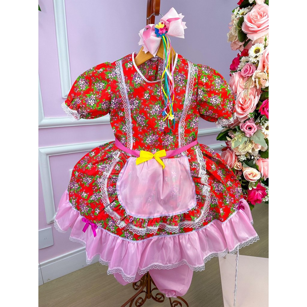 Vestido Infantil Florido De Festa Junina Menina Floral Junino Roupa Festas Arraial Temático Colorido