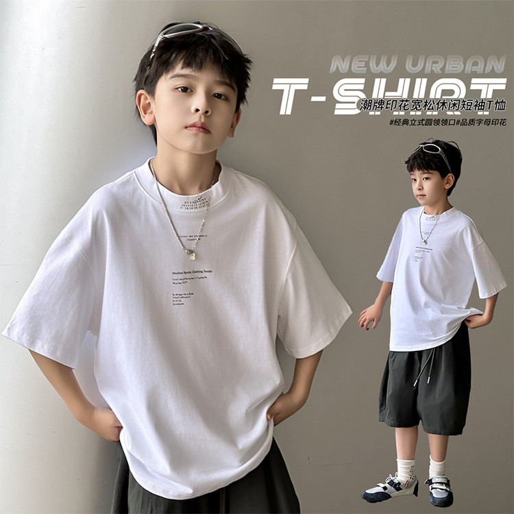 Meninos médio grande crianças em torno do pescoço solto algodão camiseta roupas infantis menino bebê bonito Casual impre