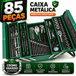 Kit Caixa de Ferramentas Profissional 85 Peças Cromo Vanádio Caixa Metálica 5 Gavetas Oficina Mecânica