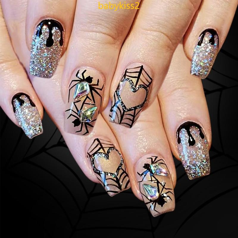 24 Unidades Arte Unha Halloween Brilha Aranhas Designs Coração Prensa Unhas Falsas Manicure
