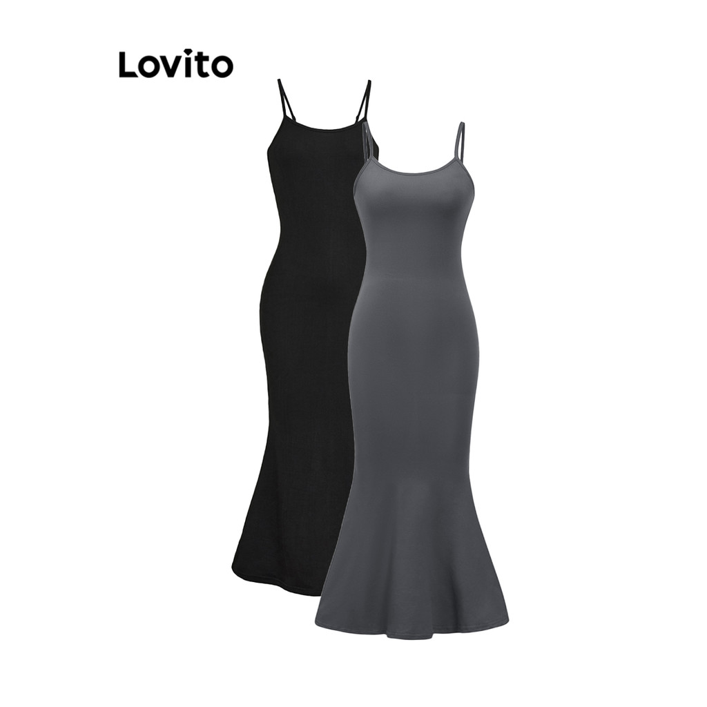 Lovito Vestido Casual Liso Rabo De Peixe Com Fivela Ajustável Vestido Slim Fit Para Mulheres L36AD011 (Multi-color)