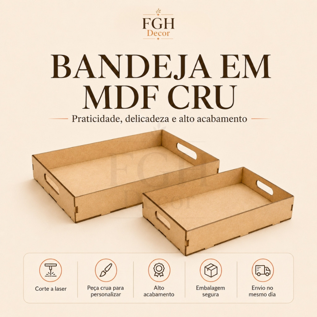 Bandeja Grande MDF Cru  Com Alça Cesta Presente Lembrancinha Artesanato Personalizar Cantinho do Café