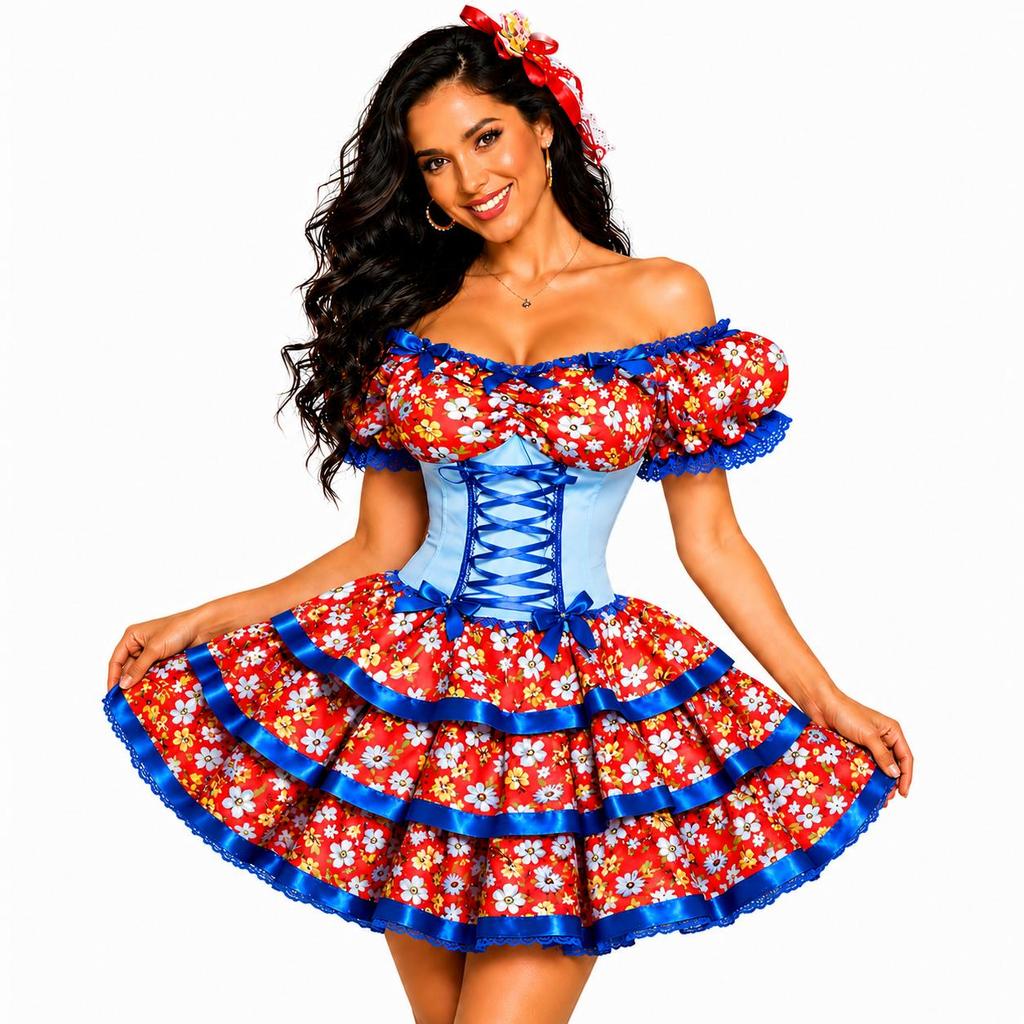 Vestido Feminino de Festa Junina Caipira Adulta Xadrez de Luxo Rodado Com Espartilho