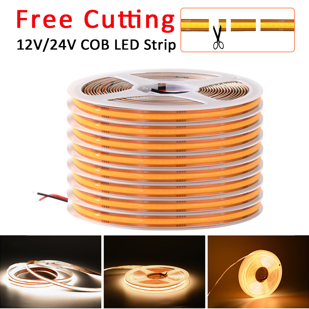 5m Corte Livre COB LED Strip Light DC 12V 24V 528LEDs/m Lâmpada De Fita Flexível De Alta Densidade Quente/Natural/Branco