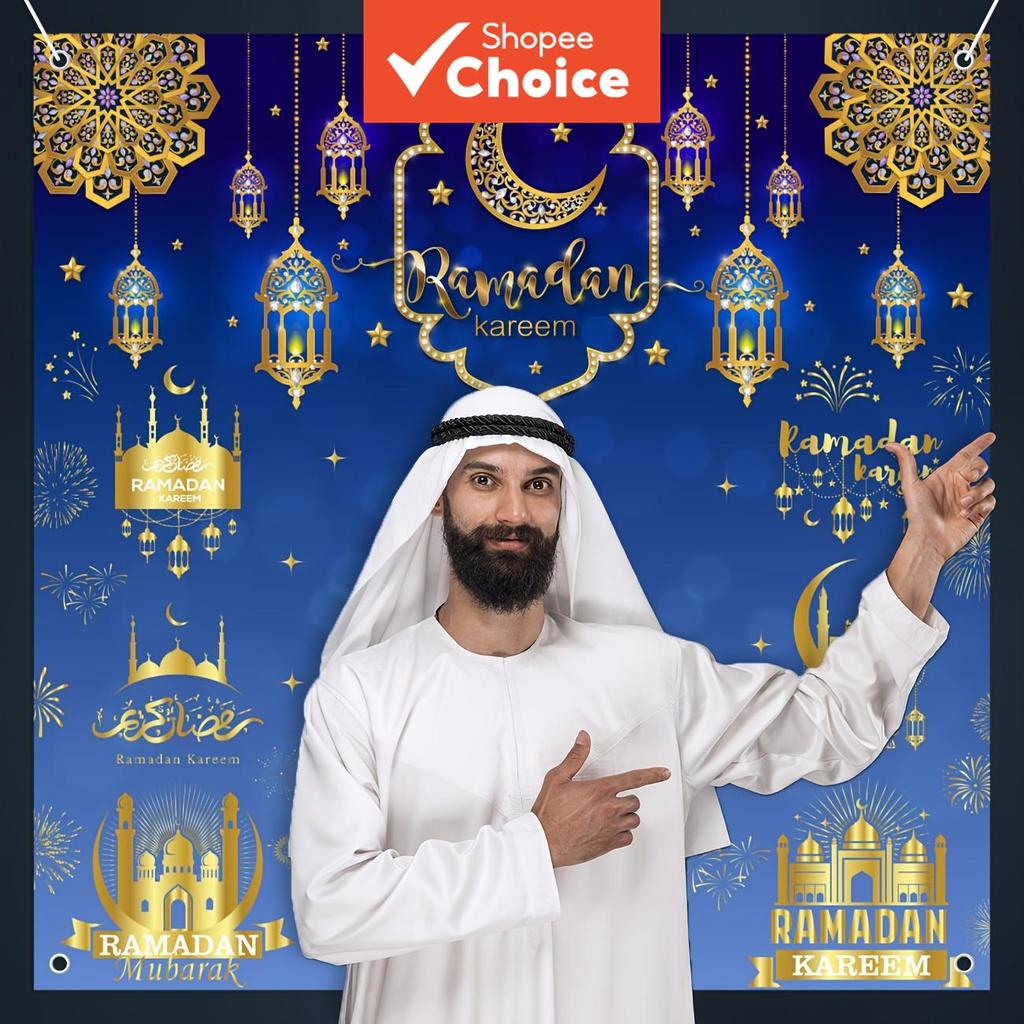 Decorações De Eid Mubarak – Pano De Fundo Azul Ramadan Kareem Lanternas Douradas Estrelas Da Lua Pôster De Fotografia De