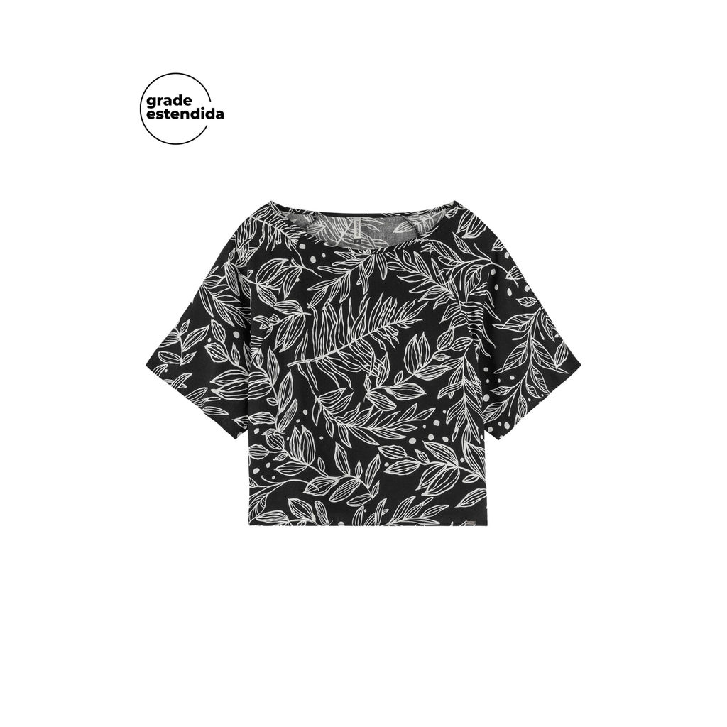 Blusa Feminina Estampada Folhagens com Recorte Mangas Marialícia Preto