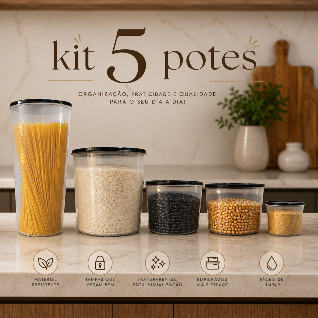 Kit 5 Potes Porta Mantimentos Plástico Transparente Redondo Organizador jogo armazenamento