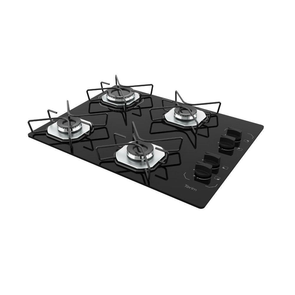 Cooktop a Gás Terim 4 Bocas Vidro Temperado Preto com 6 Apoios Embutido Bivolt