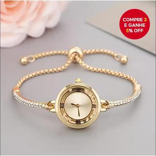 Relógio de pulso feminino chique - Acentos de diamante redondo e números romanos com comprimento ajustável