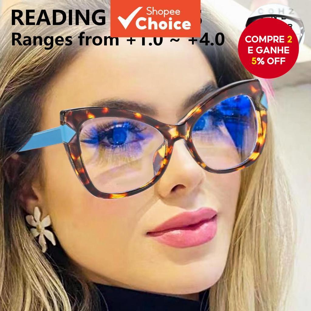 Óculos de leitura Fashion Cat Eye com bloqueio de luz azul, armação HD ultraleve e tamanho grande para mulheres, uso