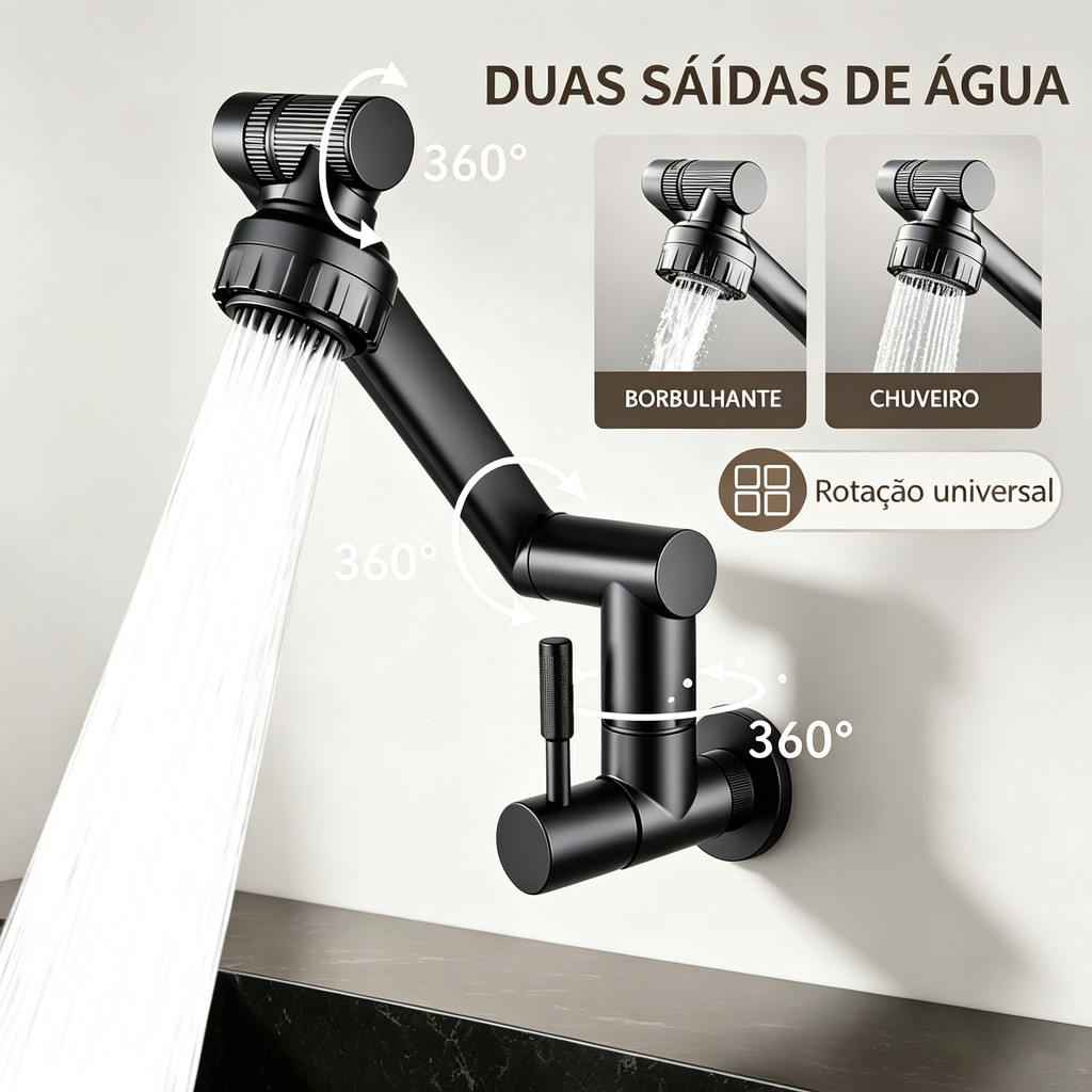 Torneira Giratória 360° Com Braço Robótico Multiuso Para Cozinha e Banheiro Sem Cantos Mortos