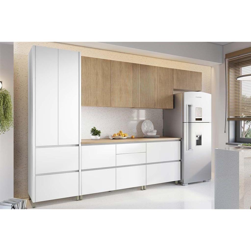 Cozinha Modulada Completa Rainha 6 Peças (3Aéreos+2Balcões+1Paneleiro) C6P89 Nature/Branco - Nesher