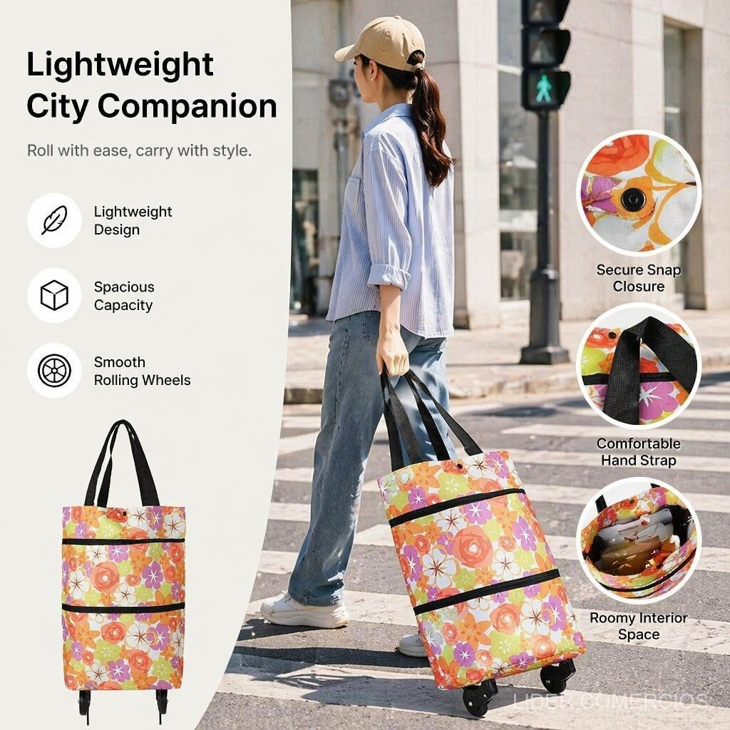 1 Pc Bolsa com Rodinhas Floral Multiuso para Dia a Dia Trabalho Mercado e Compras Urbanas