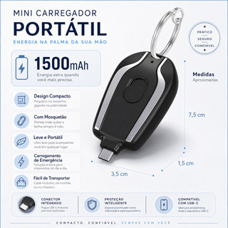 Carregador de Chaveiro Portátil 1500mAh | Mini Bateria Ultra-Compacta com Carregamento Rá…