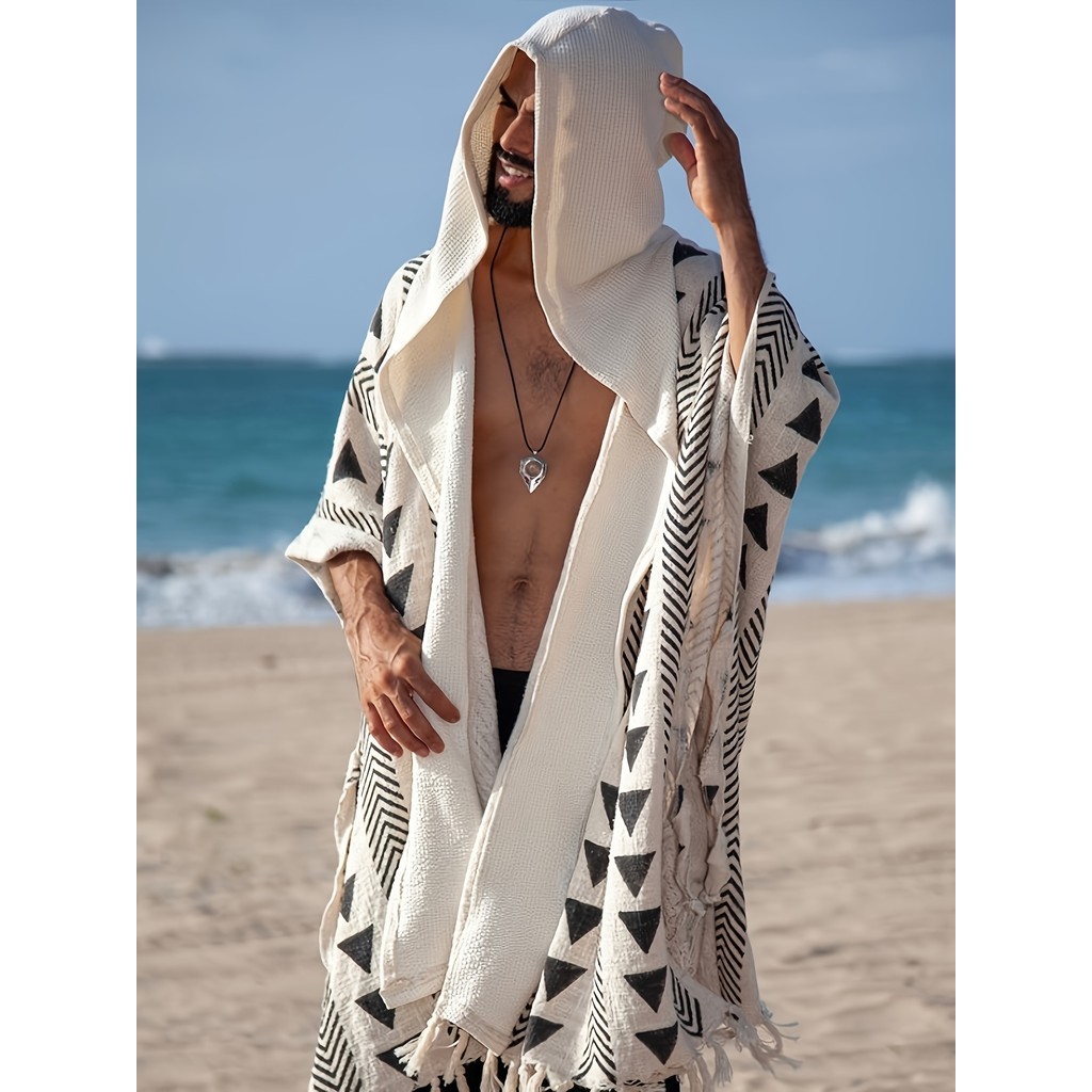 Kaftan de Praia com Capuz para Homens, Capa de Praia Estilosa com Proteção Solar, Leve e Respirável, Estilo de Férias na