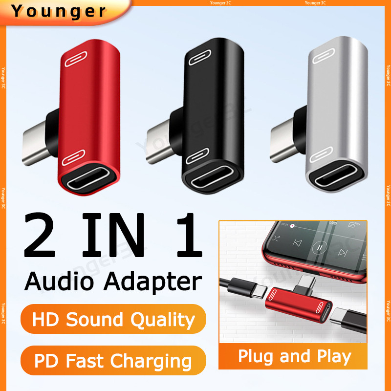 Adaptador De Áudio De Carregamento + Escuta 2 Em 1 | 90 ° Conversor Tipo C Com Design De Cotovelo Conecte E Jogue Fone D