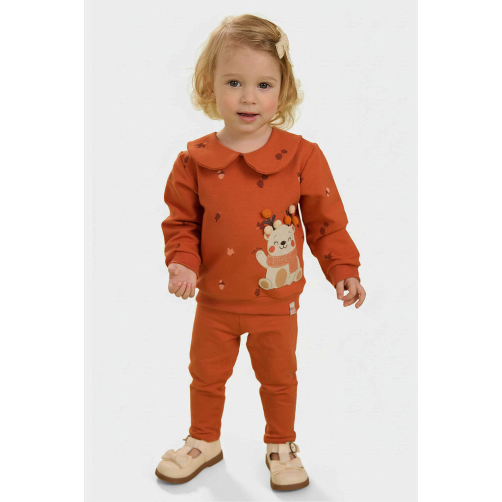 Conjunto Bebê Menina Ursinho Com Pompons Elian Laranja