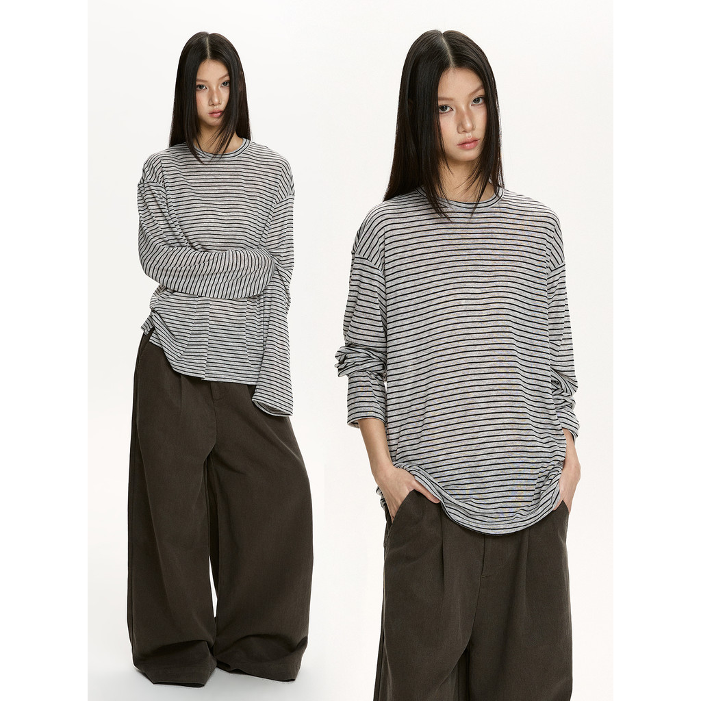 VATTY americano Casual preguiçoso solto listrado manga comprida camiseta feminina em torno do pescoço blusa fina