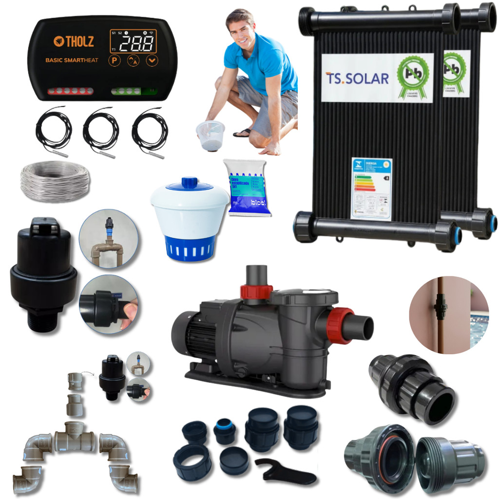 KIT SOLAR COMPLETO AQUECIMENTO MOTOBOMBA 1/3 10 PLACAS 3,00X0,30 13.000 LITROS