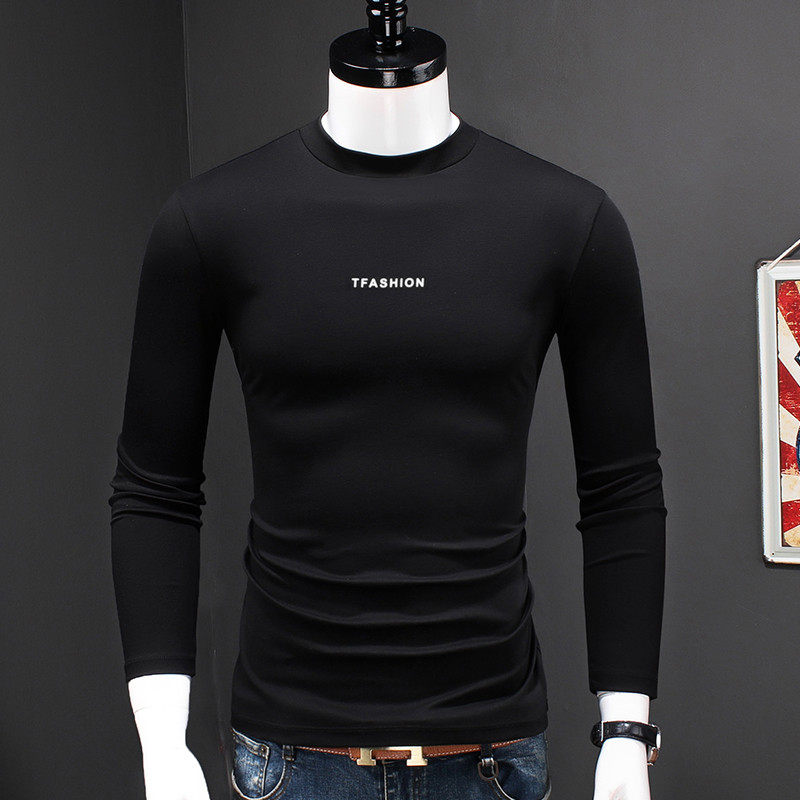 Camiseta masculina de manga comprida de algodão mercerizado outono Street Wear novo estilo impresso pequena gola alta ca