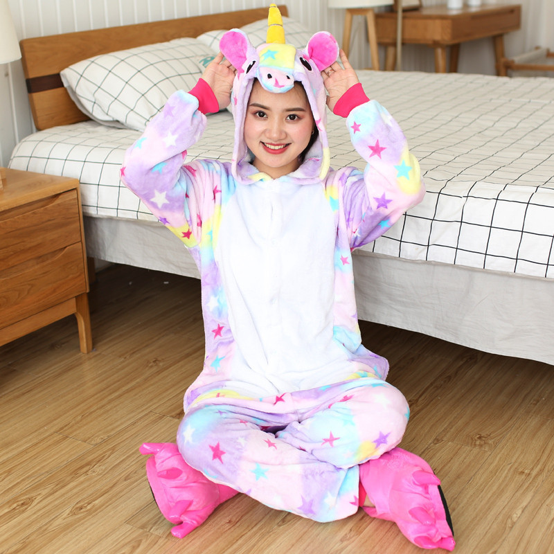 Pijama Macacão Com Capuz De Unicórnio Fofo , De Flanela Macia Quente De Uma Peça , Roupa De Dormir Casual Adulta Para Co