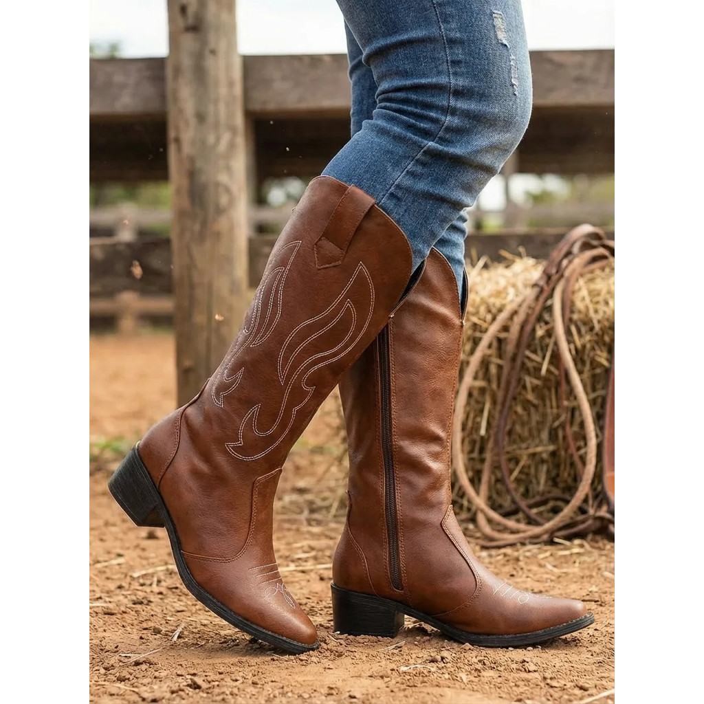 Bota Feminina Texana Western Cano Alto Bordada Confortável