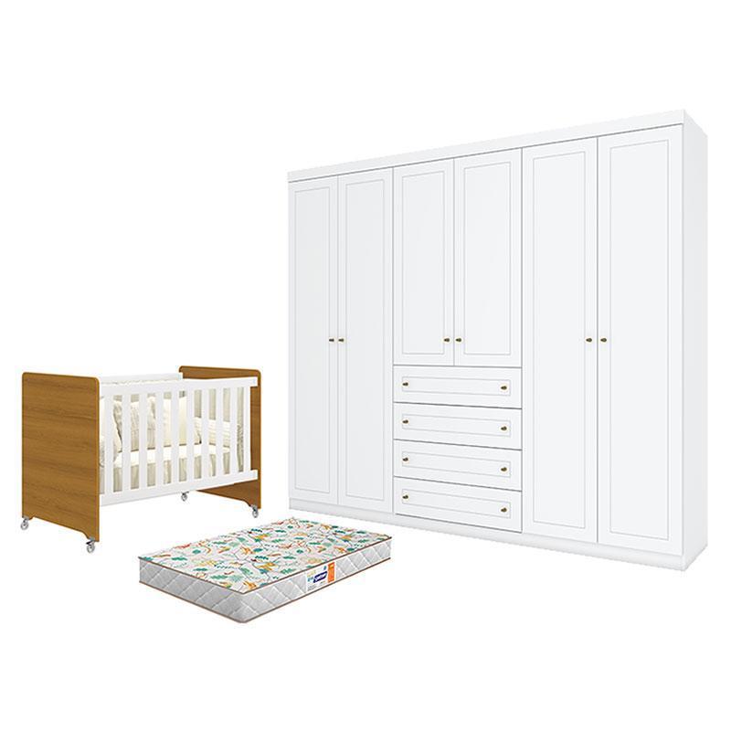 Berço Evolution 4 em 1 Branco Acetinado Savana e Guarda Roupa Casal Americano 6 Portas Branco HP e Colchão Gazin - Henn