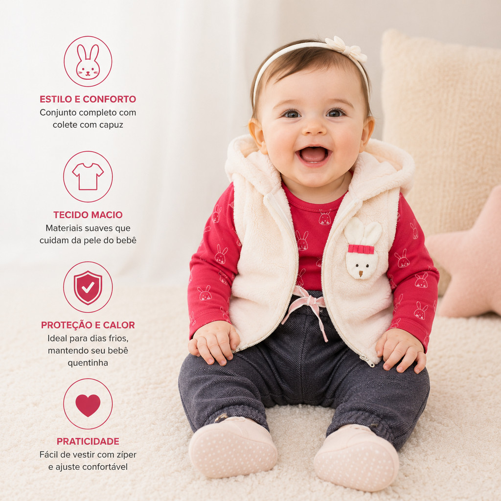 Conjunto Bebê Inverno Quentinho Aplique Coelho - 3 Peças