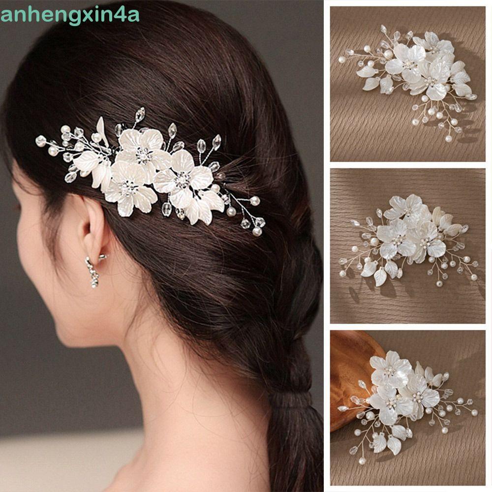 ANHENGXIN Cocar De Noiva , Elegante Chapéu Feito À Mão , Luxo Cristal Pérola Flor Branco Casamento Hairpin