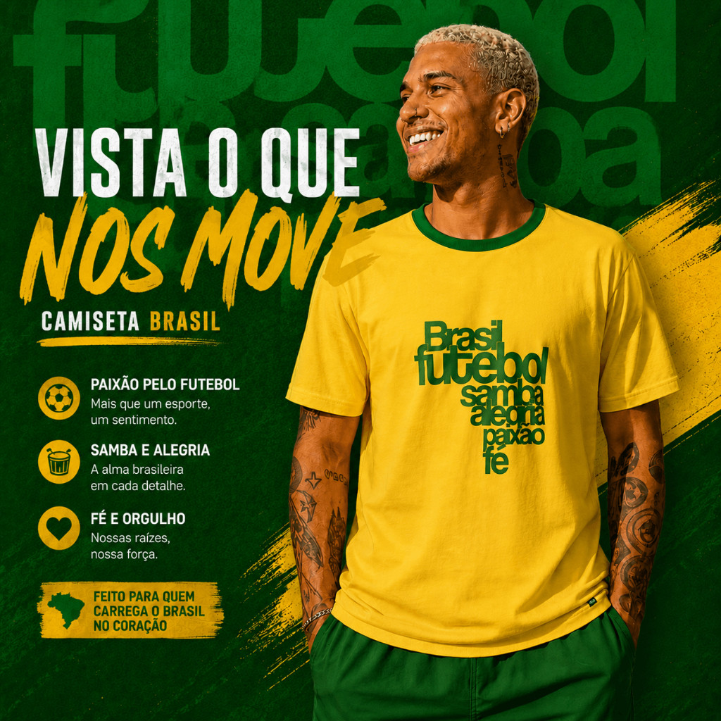 Camiseta Brasil Futebol Samba Alegria | Masculina Feminina Infantil | Amarela Verde Azul100% Poliéster COPA DO MUNDO