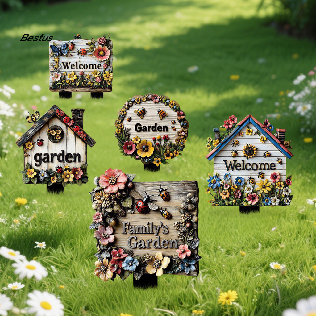 Weather-resistant Garden Decor Rustic Wooden Stake with Flower Butterfly Bee Ladybug Farmhouse Welcome Sign for Outdoor