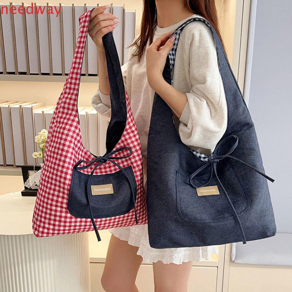 NEEDWAYB Bolsa De Ombro Jeans , Colete Xadrez Dupla Face De Tecido Treliça , Sacola De Lona De Lazer