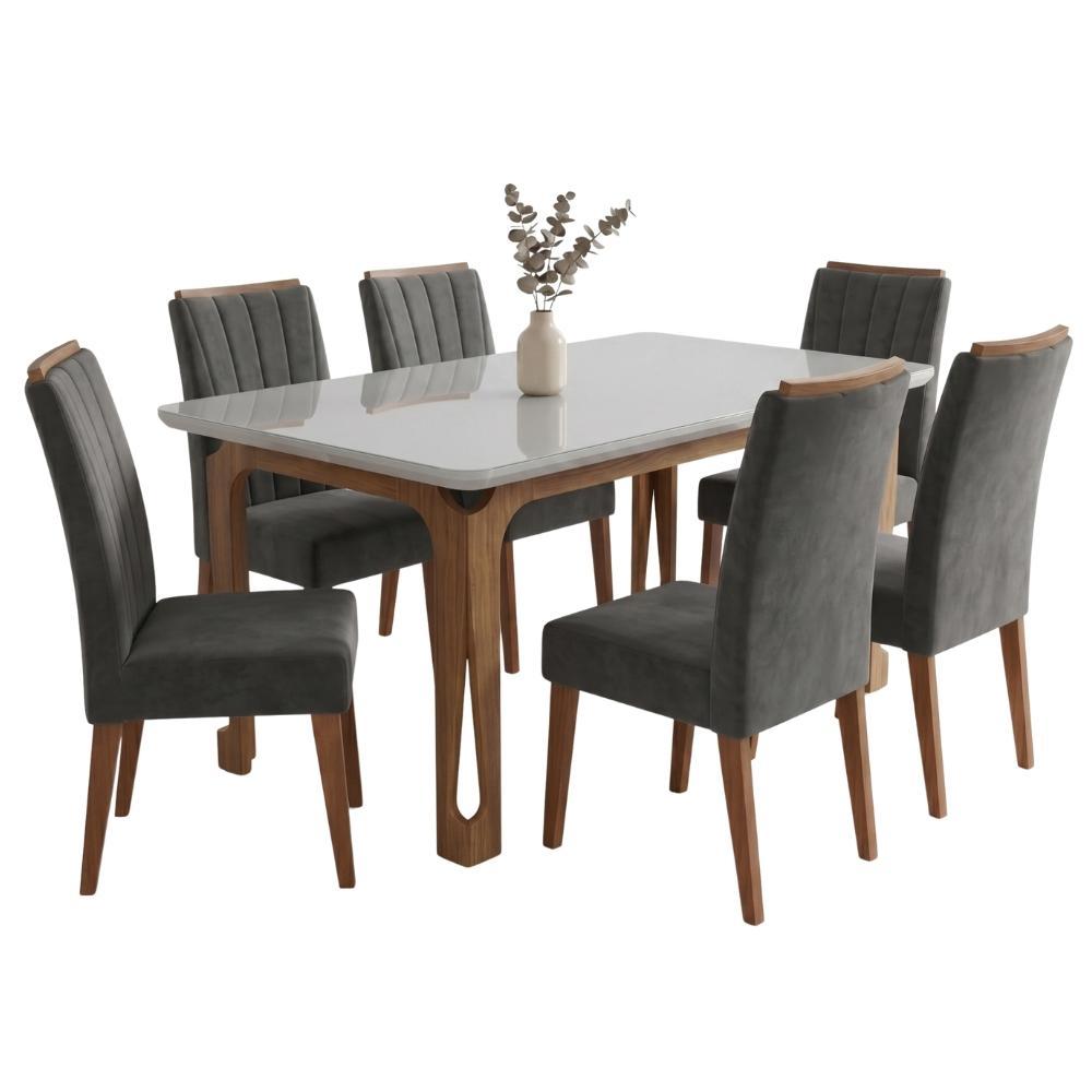 Conjunto Sala de Jantar Mesa 1,60m com Vidro Nadine 6 Cadeiras Sofia