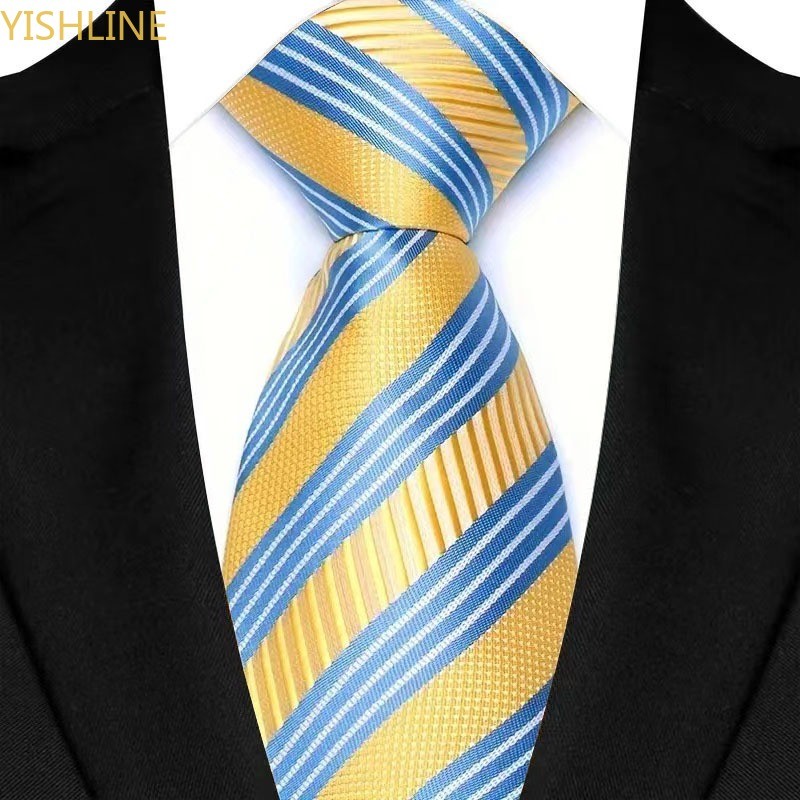 Gravata Masculina 8CM Gravatas Para Homem Xadrez Listras Sólidas Amarelas Festa De Casamento Negócios — imagem 2 de 2