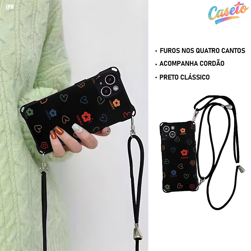 Capa com Cordão Tiracolo Anti-Impacto e Anti-Furto Para iPhone 15 14 13 12 11 8 7 XR SE Plus Capinha Mão Livre FSGS 9619