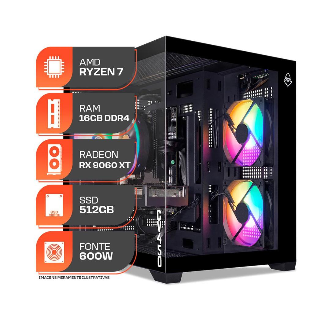 PC Gamer Titan Pro, AMD RYZEN 7 5700X, Water Cooler, RX 9060 XT 8GB, 16GB DDR4, SSD M.2 512GB, 600W 80 Plus
