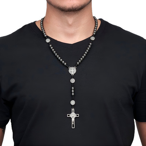 Colar Terço Crucifixo Rosário São Bento Pedras Hematitas 8mm Hematita