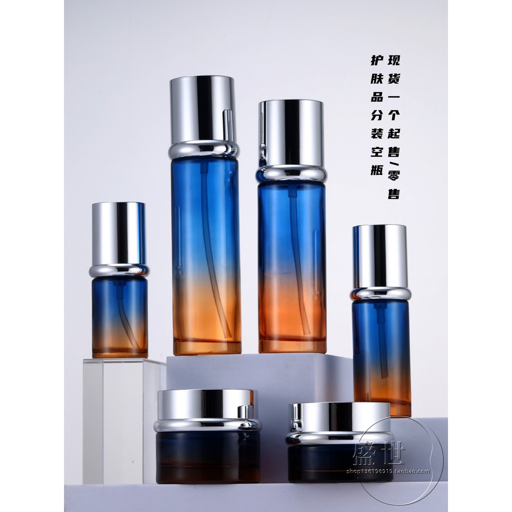 Garrafa de cor laranja azul, tampa prateada, Spray, prensa, Toner, garrafa de vidro, limpador Facial, garrafa de chuveir
