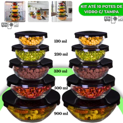 Kit até 10 Potes de Vidro Hermético com Tampa Redondo Tigela Micro-ondas Freezer Marmita Empilhável