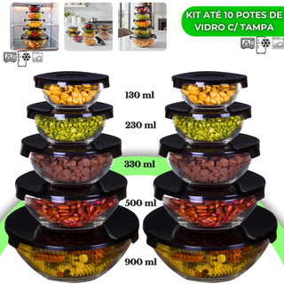 Kit até 10 Potes de Vidro Hermético com Tampa Redondo Tigela Micro-ondas Freezer Marmita …