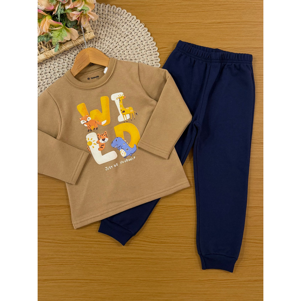 Conjunto Infantil Menino Brandili Inverno com Calça Azul Marinho e Moletom Flanelado Bichinhos